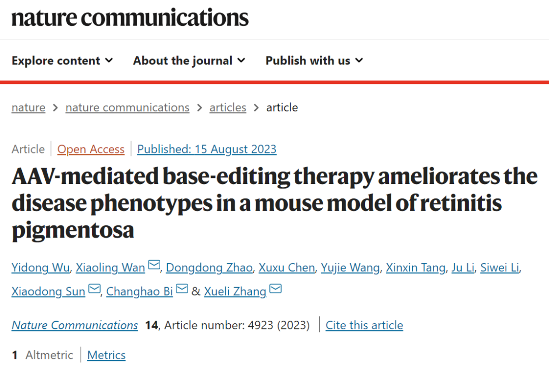 天工所开发AAV介导的碱基编辑疗法，改善视网膜色素变性小鼠表型，校正效率高达49%