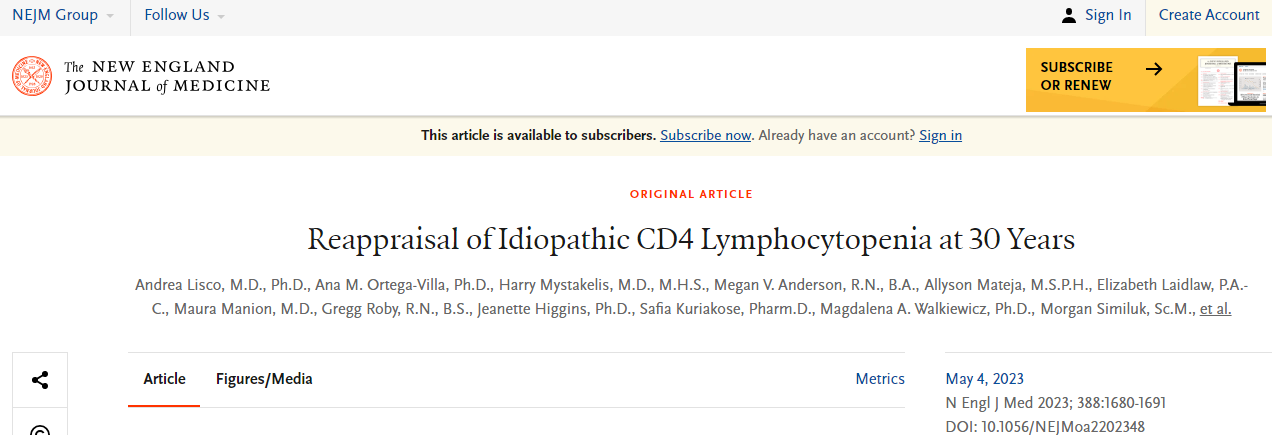 NEJM：科学家揭示人类特发性CD4淋巴细胞减少症的详细信息