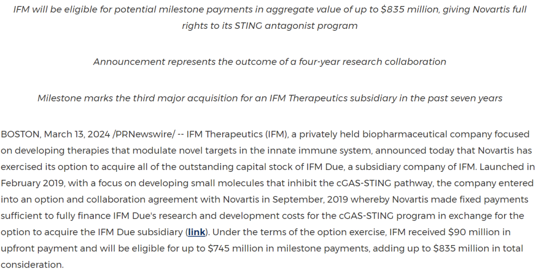 8.35亿美元：诺华引进IFM Therapeutics的STING拮抗剂