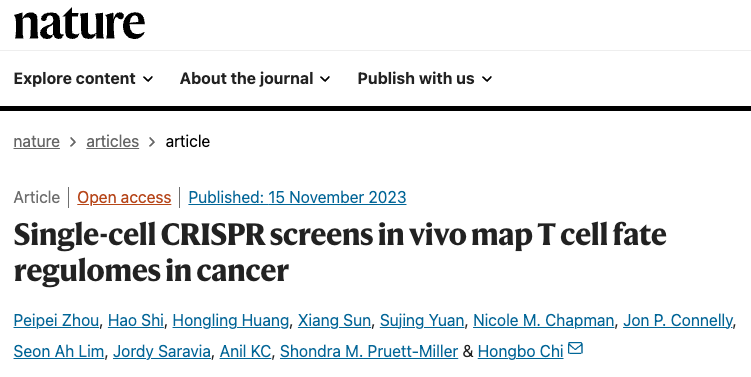 Nature：迟洪波团队利用单细胞CRISPR筛选，在体内绘制肿瘤T细胞命运调控网络