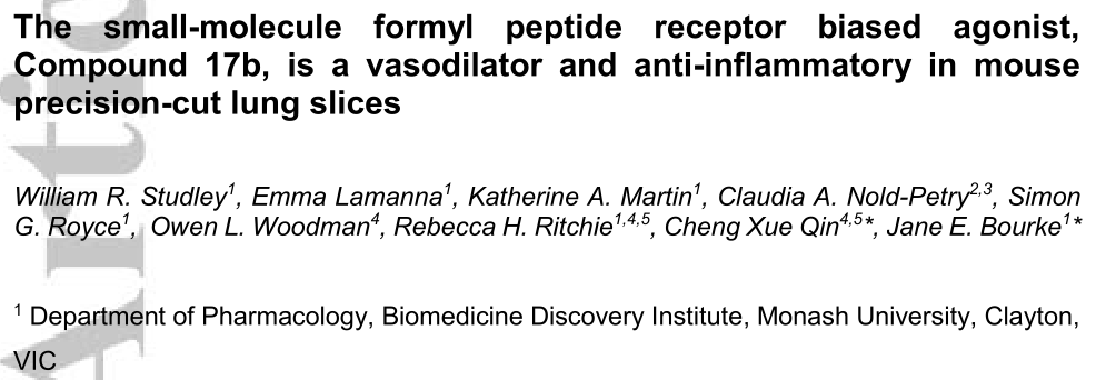 莫纳什大学：小分子甲酰肽受体激动剂化合物17b在小鼠精切肺切片中是一种血管扩张剂和抗炎药物