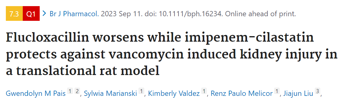 Br J Pharmacol: 万古霉素+亚胺培南-西司他丁联合用药对肾脏有保护作用