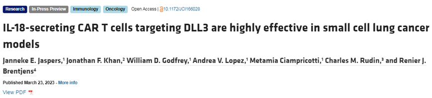 JCI：分泌IL-18的DLL3 CAR-T细胞有望治疗小细胞肺癌