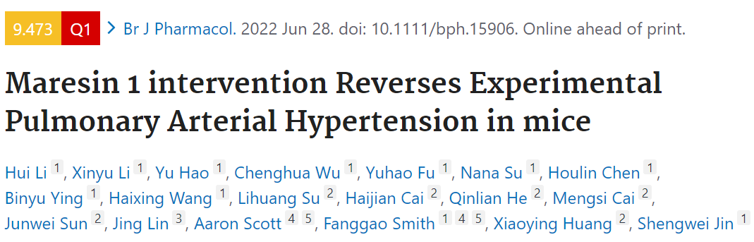 Br J Pharmacol: Maresin-1干预逆转小鼠实验性肺动脉高压