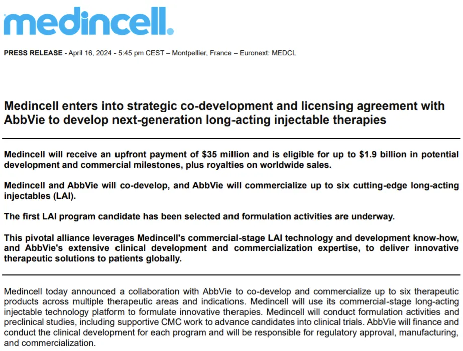19亿美元：艾伯维与Medincell合作开发6款长效小分子药物