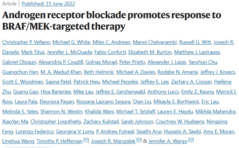 Nature：雄激素受体信号传导使男性黑色素瘤患者更容易对BRAF/MEK靶向治疗产生抵抗性