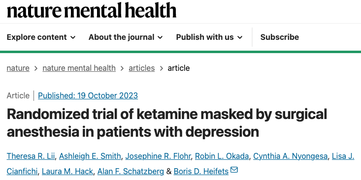 Nature子刊：氯胺酮的强效抗抑郁效果是因为安慰剂效应？