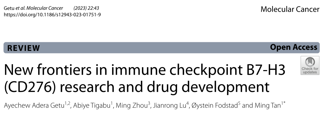 中国医科大学研究者总结了免疫检查点B7-H3（CD276）研究和药物开发的新前沿