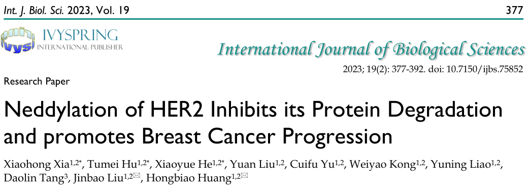 Int. J. Biol. Sci：去甲基化HER2抑制其蛋白质降解促进乳腺癌进展